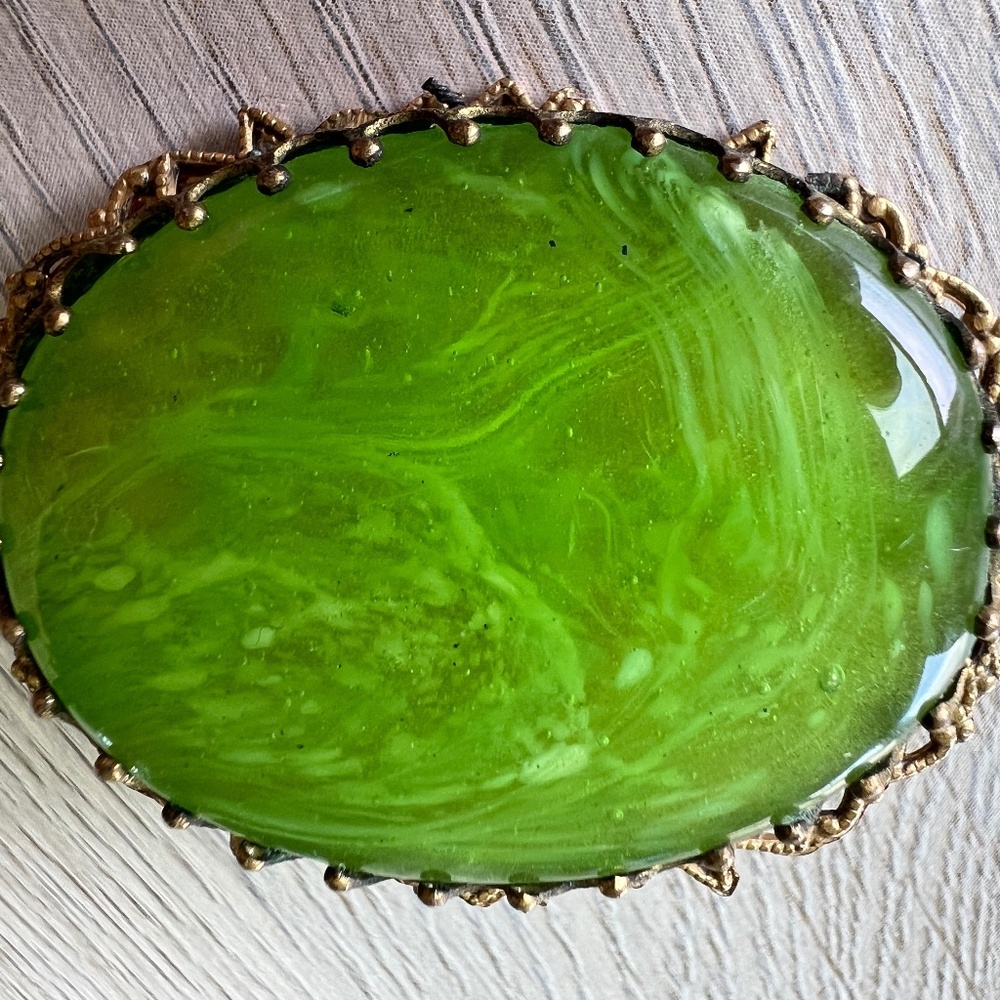 SOLD! - Miriam Haskell Vintage Brooch Marbelized Green Glass Cabochon & Filigree
